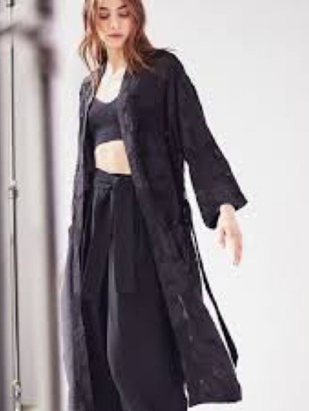 Wilfred Sheer Black Lace Kimono Robe with Tie Waist